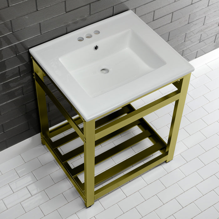 Fauceture VWP2522W4A7 25-Inch Ceramic Console Sink Set, White/Brushed Brass