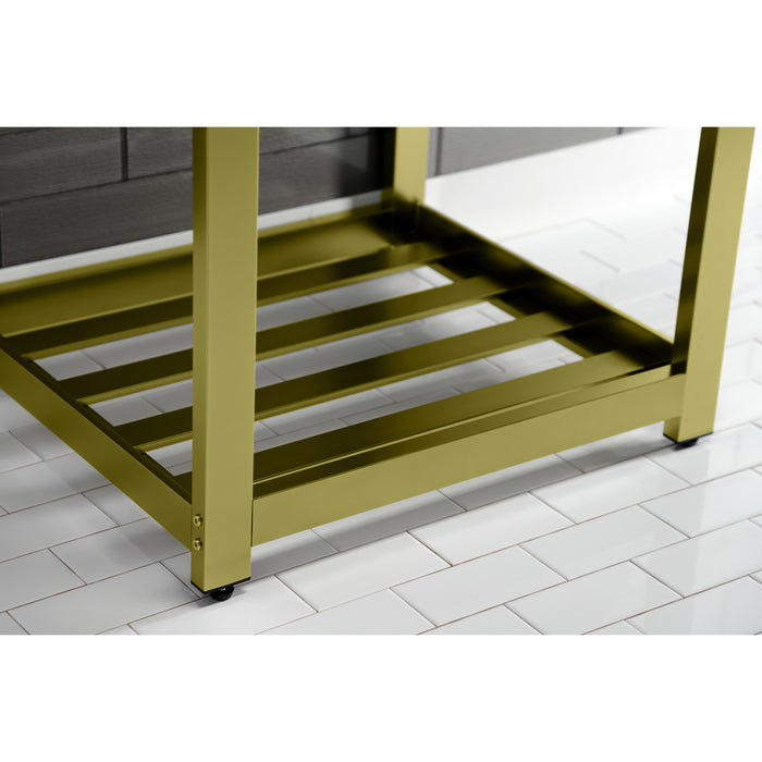 Kingston Sona VWP2522W4A7 - Quadras 25-Inch Ceramic Console Sink with Steel Base and Shelf (4-Inch, 3-Hole), White/Brushed Brass