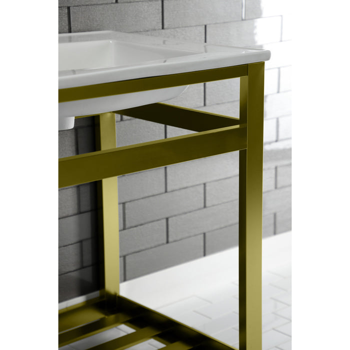 Kingston Sona VWP2522W4A7 - Quadras 25-Inch Ceramic Console Sink with Steel Base and Shelf (4-Inch, 3-Hole), White/Brushed Brass