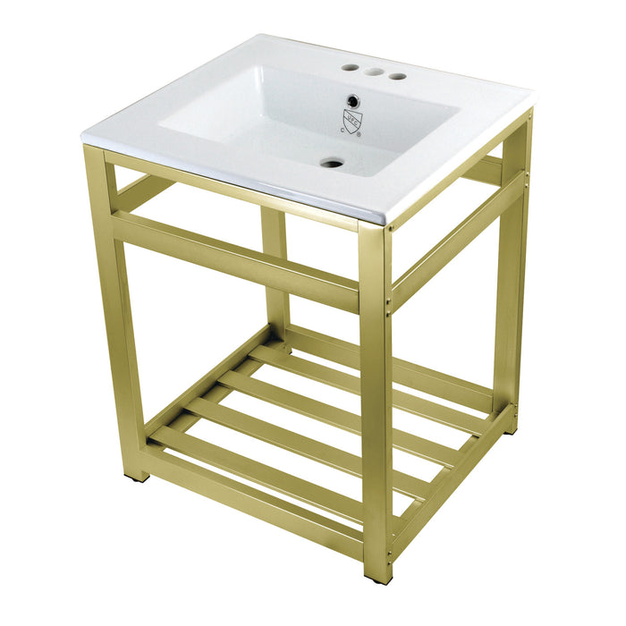 Kingston Sona VWP2522W4A7 - Quadras 25-Inch Ceramic Console Sink with Steel Base and Shelf (4-Inch, 3-Hole), White/Brushed Brass