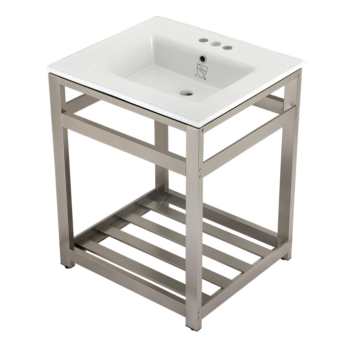 Fauceture VWP2522W4A8 25-Inch Ceramic Console Sink Set, White/Brushed Nickel