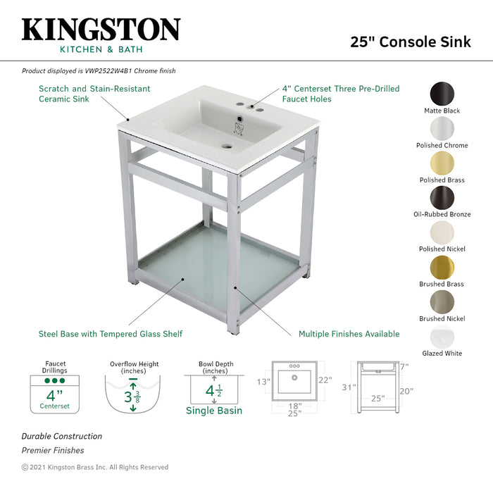 Kingston Quadras VWP2522W4B1 25-Inch Ceramic Console Sink with Steel Base and Glass Shelf (4-Inch, 3-Hole), White/Chrome