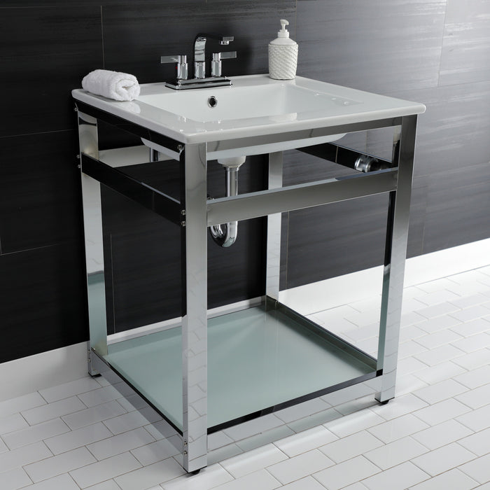 Kingston Quadras VWP2522W4B1 25-Inch Ceramic Console Sink with Steel Base and Glass Shelf (4-Inch, 3-Hole), White/Chrome