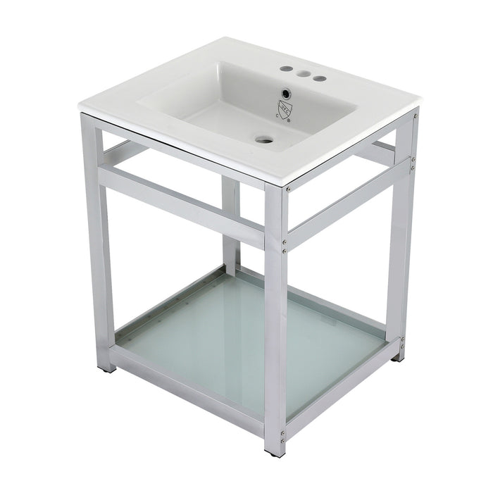 Kingston Quadras VWP2522W4B1 25-Inch Ceramic Console Sink with Steel Base and Glass Shelf (4-Inch, 3-Hole), White/Chrome
