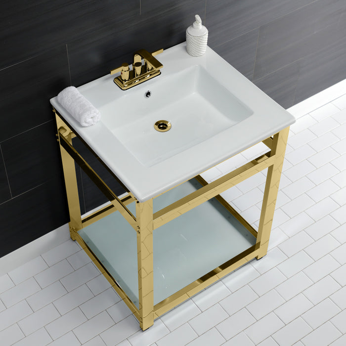 Fauceture VWP2522W4B2 25-Inch Ceramic Console Sink Set, White/Polished Brass