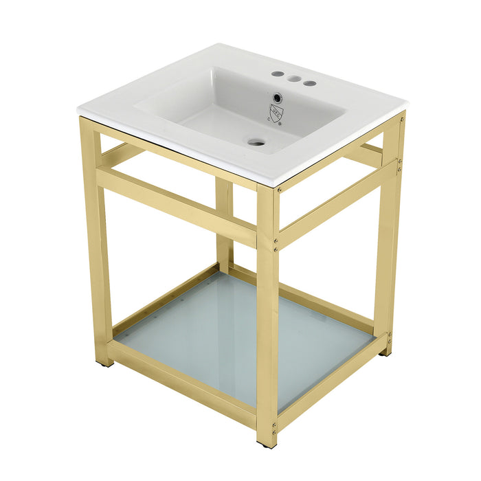 Fauceture VWP2522W4B2 25-Inch Ceramic Console Sink Set, White/Polished Brass