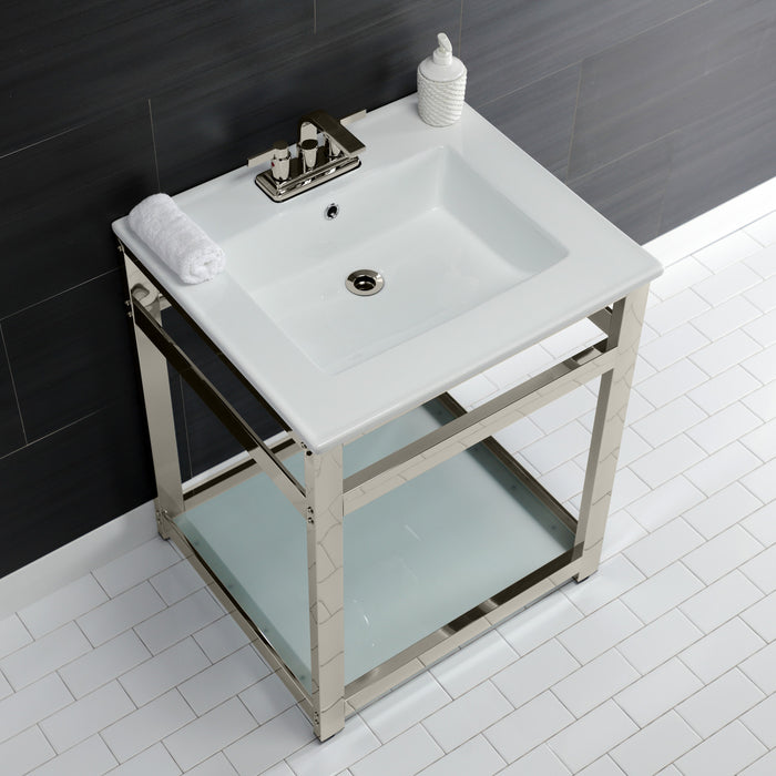 Kingston Quadras VWP2522W4B6 25-Inch Ceramic Console Sink with Steel Base and Glass Shelf (4-Inch, 3-Hole), White/Polished Nickel