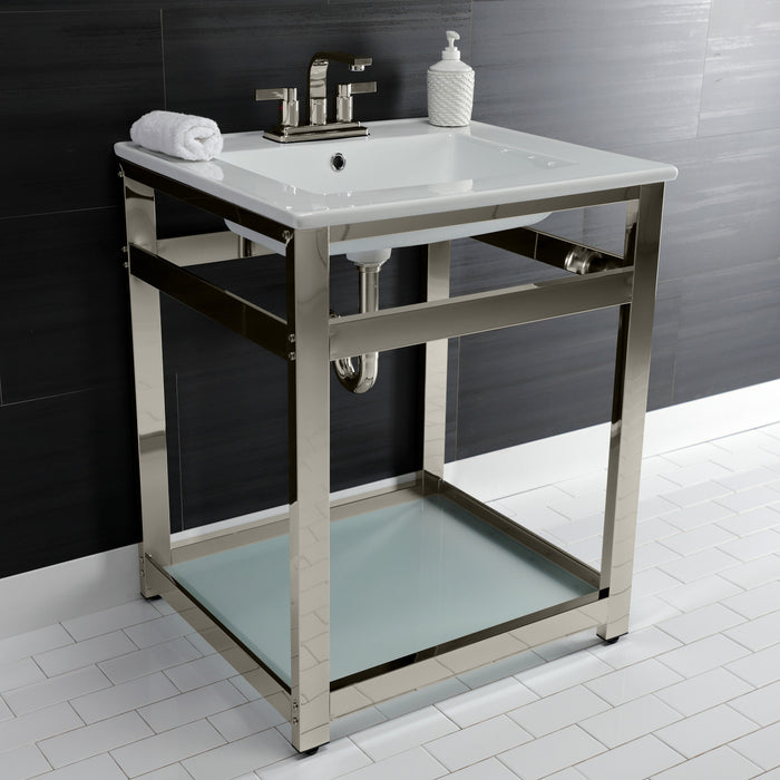 Kingston Quadras VWP2522W4B6 25-Inch Ceramic Console Sink with Steel Base and Glass Shelf (4-Inch, 3-Hole), White/Polished Nickel