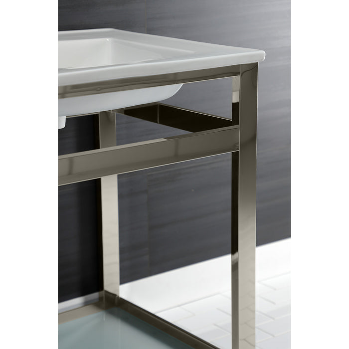 Kingston Quadras VWP2522W4B6 25-Inch Ceramic Console Sink with Steel Base and Glass Shelf (4-Inch, 3-Hole), White/Polished Nickel