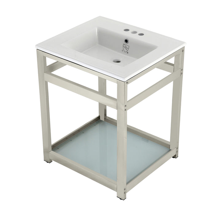 Kingston Quadras VWP2522W4B6 25-Inch Ceramic Console Sink with Steel Base and Glass Shelf (4-Inch, 3-Hole), White/Polished Nickel