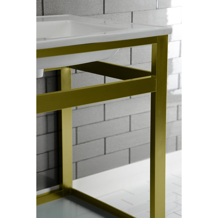 Kingston Quadras VWP2522W4B7 25-Inch Ceramic Console Sink with Steel Base and Glass Shelf (4-Inch, 3-Hole), White/Brushed Brass