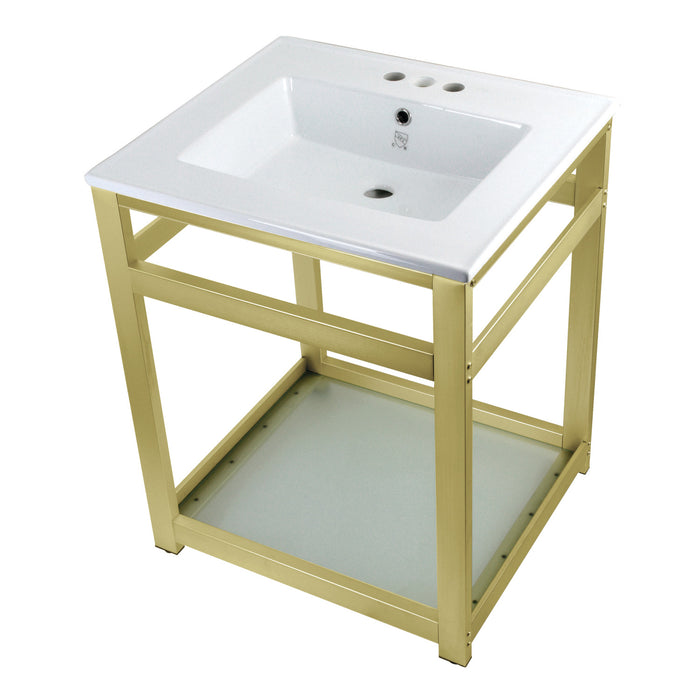 Kingston Quadras VWP2522W4B7 25-Inch Ceramic Console Sink with Steel Base and Glass Shelf (4-Inch, 3-Hole), White/Brushed Brass