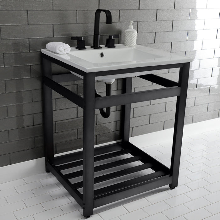 Kingston Sona VWP2522W8A0 - Quadras 25-Inch Ceramic Console Sink with Steel Base and Shelf (8-Inch, 3-Hole), White/Matte Black