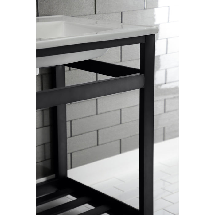 Kingston Sona VWP2522W8A0 - Quadras 25-Inch Ceramic Console Sink with Steel Base and Shelf (8-Inch, 3-Hole), White/Matte Black