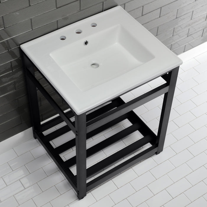 Kingston Sona VWP2522W8A0 - Quadras 25-Inch Ceramic Console Sink with Steel Base and Shelf (8-Inch, 3-Hole), White/Matte Black