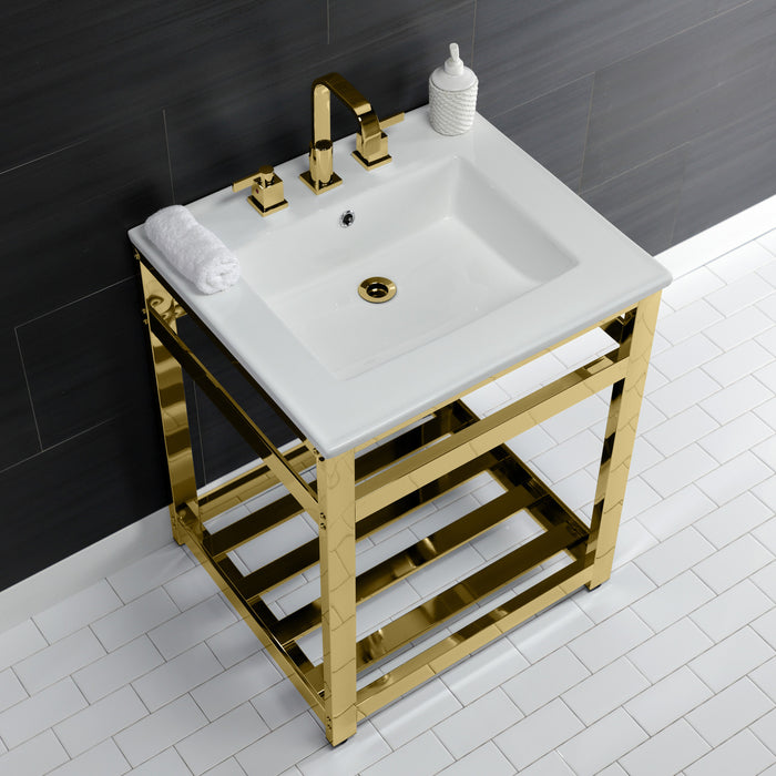 Fauceture VWP2522W8A2 25-Inch Ceramic Console Sink Set, White/Polished Brass