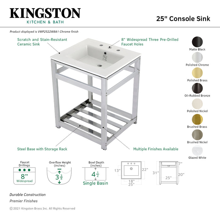Kingston Sona VWP2522W8A6 - Quadras 25-Inch Ceramic Console Sink with Steel Base and Shelf (8-Inch, 3-Hole), White/Polished Nickel