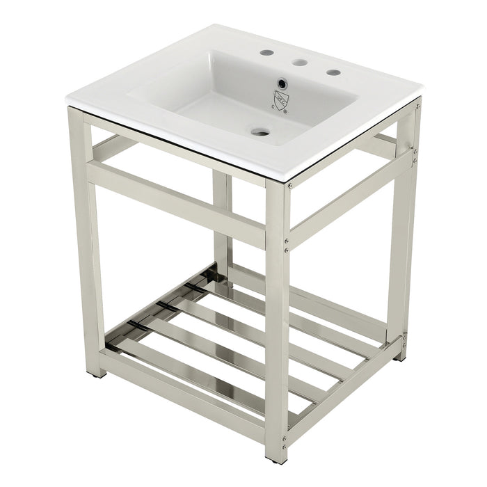 Kingston Sona VWP2522W8A6 - Quadras 25-Inch Ceramic Console Sink with Steel Base and Shelf (8-Inch, 3-Hole), White/Polished Nickel