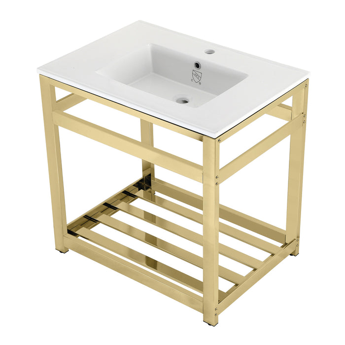 Kingston Sona VWP3122A2 - Quadras 31-Inch Ceramic Console Sink with Steel Base and Shelf (1-Hole), White/Polished Brass