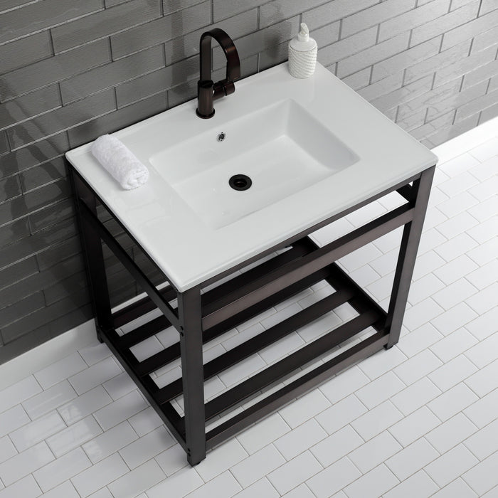 Kingston Sona VWP3122A5 - Quadras 31-Inch Ceramic Console Sink with Steel Base and Shelf (1-Hole), White/Oil Rubbed Bronze