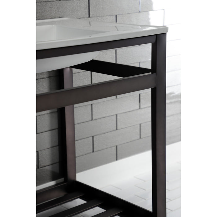 Kingston Sona VWP3122A5 - Quadras 31-Inch Ceramic Console Sink with Steel Base and Shelf (1-Hole), White/Oil Rubbed Bronze