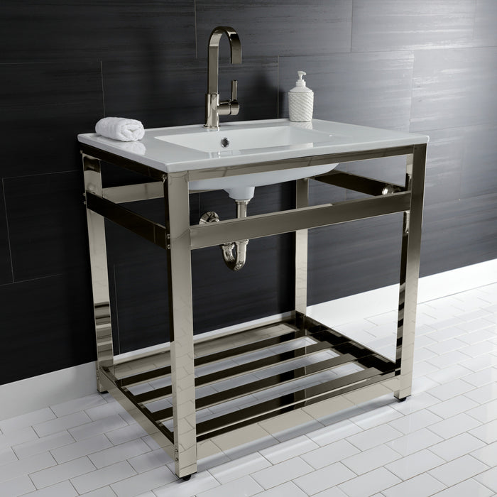 Kingston Sona VWP3122A6 - Quadras 31-Inch Ceramic Console Sink with Steel Base and Shelf (1-Hole), White/Polished Nickel