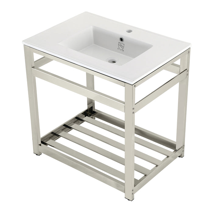 Kingston Sona VWP3122A6 - Quadras 31-Inch Ceramic Console Sink with Steel Base and Shelf (1-Hole), White/Polished Nickel