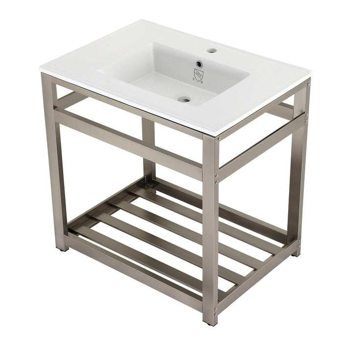 Fauceture VWP3122A8 31-Inch Ceramic Console Sink Set, White/Brushed Nickel