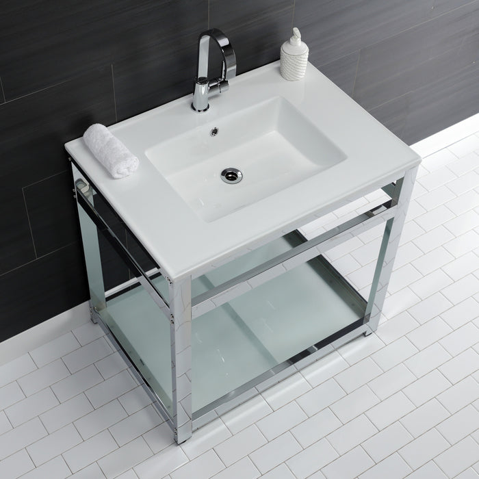 Kingston Sona VWP3122B1 - Quadras 31-Inch Ceramic Console Sink with Steel Base and Glass Shelf (1-Hole), White/Chrome