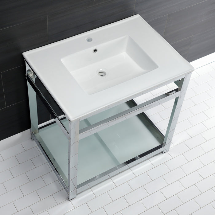 Kingston Sona VWP3122B1 - Quadras 31-Inch Ceramic Console Sink with Steel Base and Glass Shelf (1-Hole), White/Chrome
