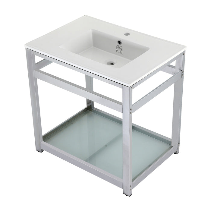 Kingston Sona VWP3122B1 - Quadras 31-Inch Ceramic Console Sink with Steel Base and Glass Shelf (1-Hole), White/Chrome