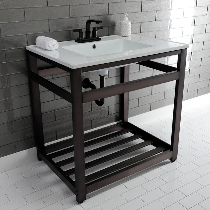 Kingston Sona VWP3122W4A5 - Quadras 31-Inch Ceramic Console Sink with Steel Base and Shelf (4-Inch, 3-Hole), White/Oil Rubbed Bronze