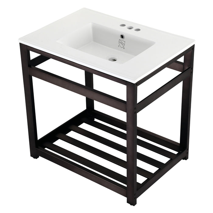 Kingston Sona VWP3122W4A5 - Quadras 31-Inch Ceramic Console Sink with Steel Base and Shelf (4-Inch, 3-Hole), White/Oil Rubbed Bronze