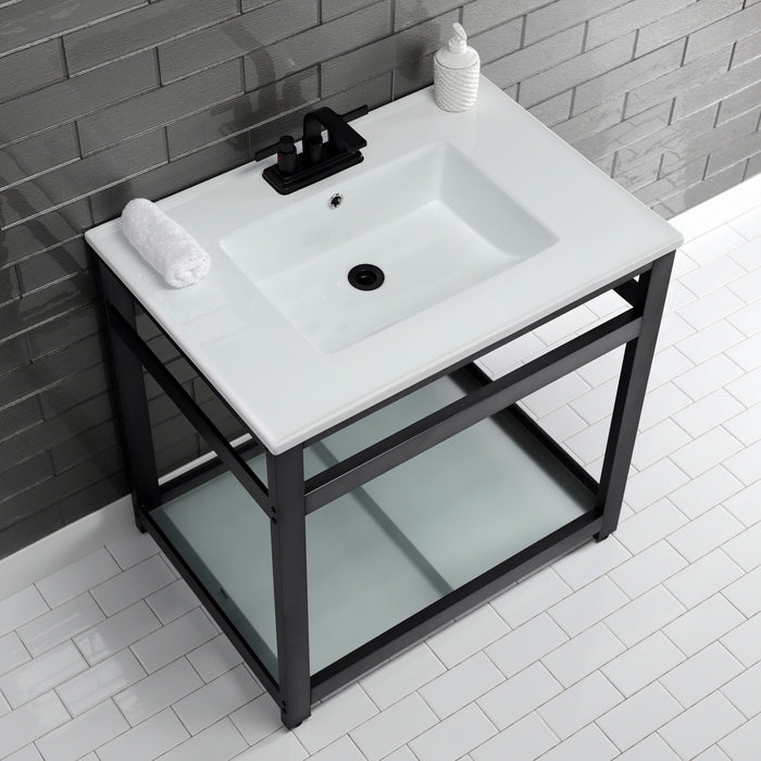 Kingston Sona VWP3122W4B0 - Quadras 31-Inch Ceramic Console Sink with Steel Base and Glass Shelf (4-Inch, 3-Hole), White/Matte Black