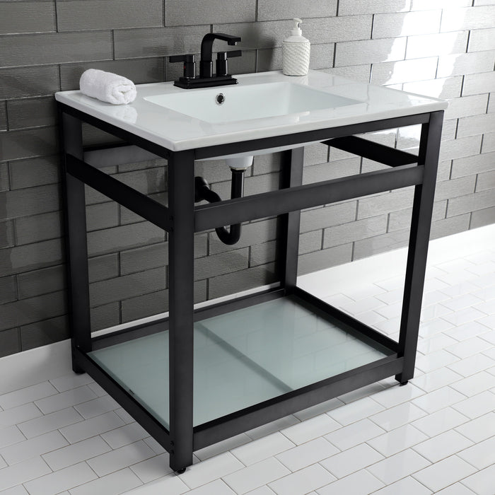 Kingston Sona VWP3122W4B0 - Quadras 31-Inch Ceramic Console Sink with Steel Base and Glass Shelf (4-Inch, 3-Hole), White/Matte Black