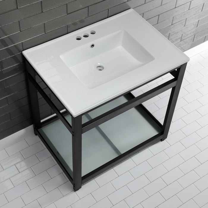 Kingston Sona VWP3122W4B0 - Quadras 31-Inch Ceramic Console Sink with Steel Base and Glass Shelf (4-Inch, 3-Hole), White/Matte Black