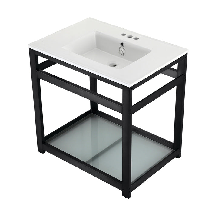 Kingston Sona VWP3122W4B0 - Quadras 31-Inch Ceramic Console Sink with Steel Base and Glass Shelf (4-Inch, 3-Hole), White/Matte Black