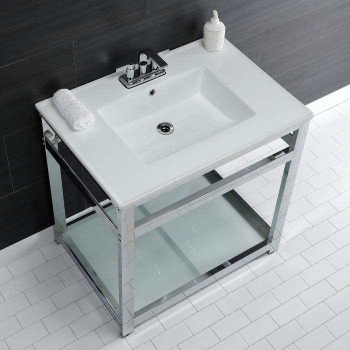 Quadras VWP3122W4B1 31-Inch Ceramic Console Sink with Steel Base and Glass Shelf (4-Inch, 3-Hole), White/Chrome