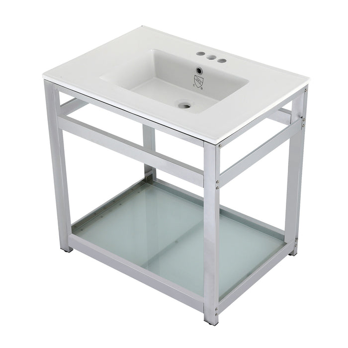 Quadras VWP3122W4B1 31-Inch Ceramic Console Sink with Steel Base and Glass Shelf (4-Inch, 3-Hole), White/Chrome