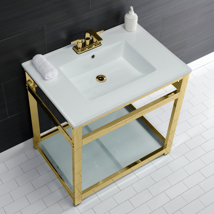 Kingston Sona VWP3122W4B2 - Quadras 31-Inch Ceramic Console Sink with Steel Base and Glass Shelf (4-Inch, 3-Hole), White/Polished Brass
