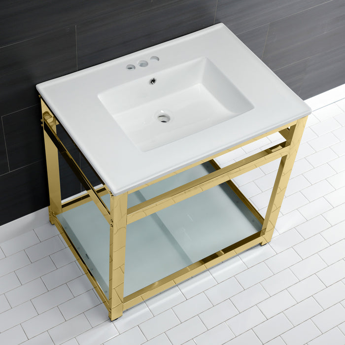 Kingston Sona VWP3122W4B2 - Quadras 31-Inch Ceramic Console Sink with Steel Base and Glass Shelf (4-Inch, 3-Hole), White/Polished Brass