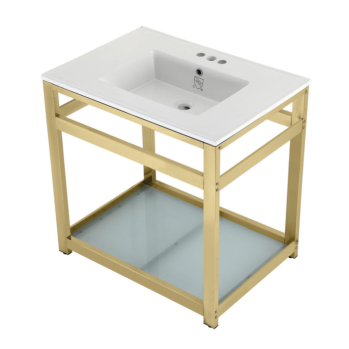 Kingston Sona VWP3122W4B2 - Quadras 31-Inch Ceramic Console Sink with Steel Base and Glass Shelf (4-Inch, 3-Hole), White/Polished Brass