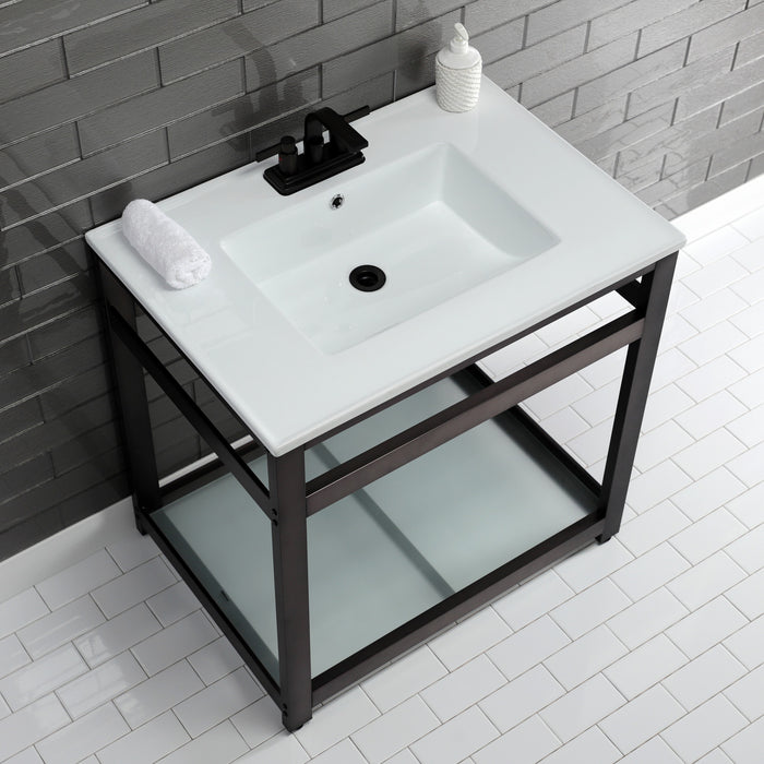Kingston Sona VWP3122W4B5 - Quadras 31-Inch Ceramic Console Sink with Steel Base and Glass Shelf (4-Inch, 3-Hole), White/Oil Rubbed Bronze