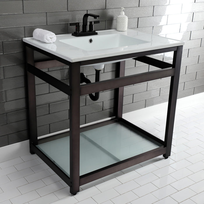 Kingston Sona VWP3122W4B5 - Quadras 31-Inch Ceramic Console Sink with Steel Base and Glass Shelf (4-Inch, 3-Hole), White/Oil Rubbed Bronze
