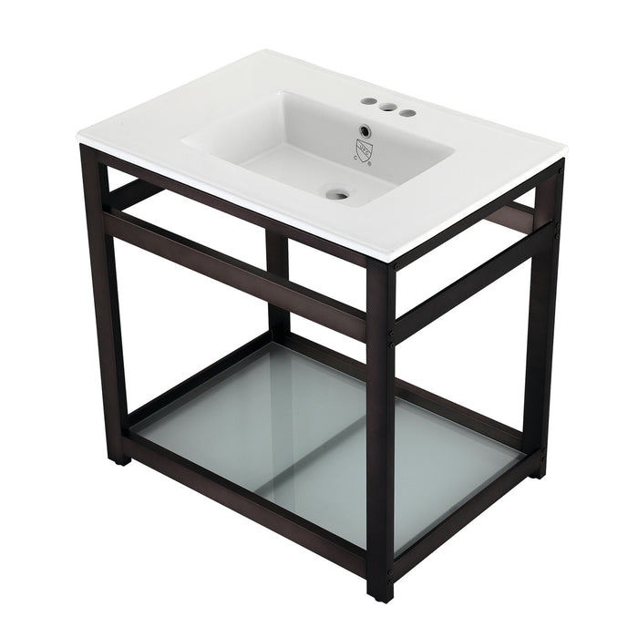 Kingston Sona VWP3122W4B5 - Quadras 31-Inch Ceramic Console Sink with Steel Base and Glass Shelf (4-Inch, 3-Hole), White/Oil Rubbed Bronze