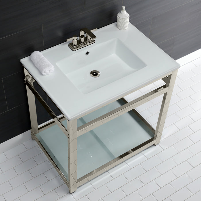 Kingston Sona VWP3122W4B6 - Quadras 31-Inch Ceramic Console Sink with Steel Base and Glass Shelf (4-Inch, 3-Hole), White/Polished Nickel