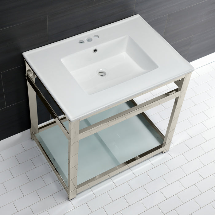 Kingston Sona VWP3122W4B6 - Quadras 31-Inch Ceramic Console Sink with Steel Base and Glass Shelf (4-Inch, 3-Hole), White/Polished Nickel