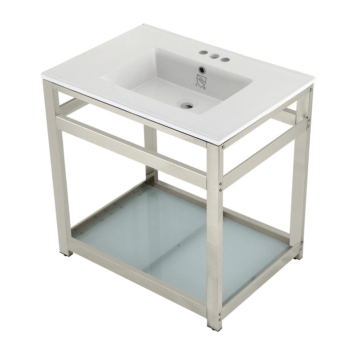 Kingston Sona VWP3122W4B6 - Quadras 31-Inch Ceramic Console Sink with Steel Base and Glass Shelf (4-Inch, 3-Hole), White/Polished Nickel