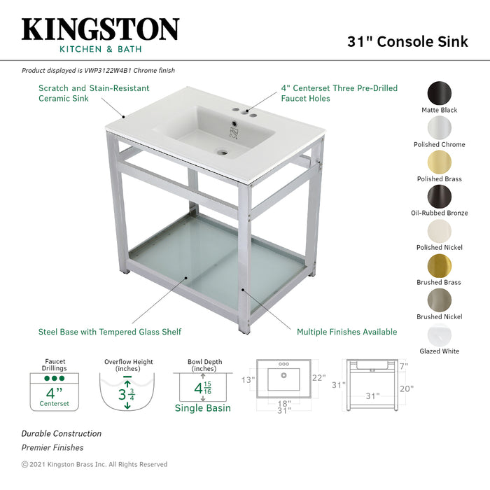 Kingston Sona VWP3122W4B7 - Quadras 31-Inch Ceramic Console Sink with Steel Base and Glass Shelf (4-Inch, 3-Hole), White/Brushed Brass