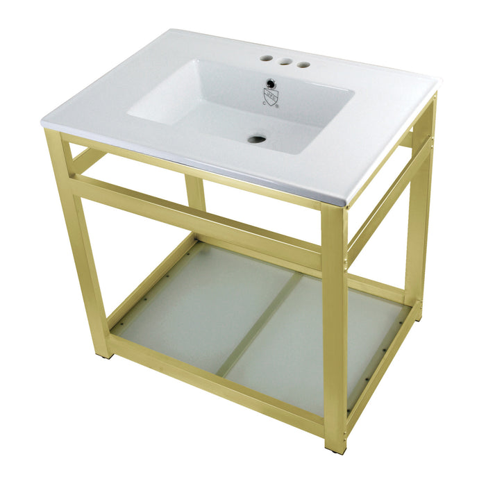 Kingston Sona VWP3122W4B7 - Quadras 31-Inch Ceramic Console Sink with Steel Base and Glass Shelf (4-Inch, 3-Hole), White/Brushed Brass